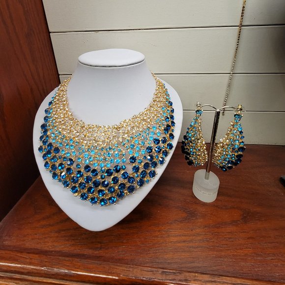 Accessories - Blue Glass Crystal Statement Necklace Earring Set
